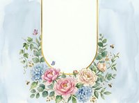 Watercolor floral frame with peonies, hydrangeas, and greenery on soft blue background, golden border, butterflies and bees, copy space for text.