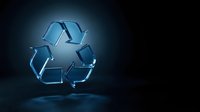 Glass recycling symbol with blue lighting effects on dark background for environmental sustainability and eco-friendly waste management concepts.