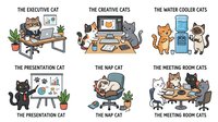 Humorous office cats in various workplace scenarios including executive, creative, presentation, nap time, water cooler, and meeting room settings. Cartoon style illustration for corporate humor and workplace culture designs.