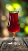 Red wine cocktail in elegant crystal glass on rustic wooden surface against blurred green bokeh background, creating atmospheric mood for restaurant menu.