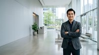 Young male professional of South Asian descent wearing dark blazer and glasses, standing confidently with crossed arms in modern office lobby with floor-to-floor windows and minimalist decor.
