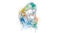 Watercolor mother holding newborn baby in tender embrace with flowing hair and soft pastel colors on white background for maternal designs.