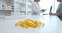 Omega-3 fish oil capsules on pharmacy counter with pharmacist consulting customer about dietary supplements and wellness products in modern drugstore.