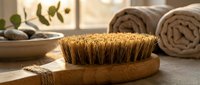 Natural bristle dry brush for body massage and exfoliation in spa wellness setting with towels and stones creating relaxing atmosphere for skincare routine.