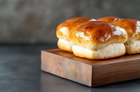 Fresh baked sweet milk buns with glossy surface served on wooden cutting board against dark background, selective focus on pastry detail.