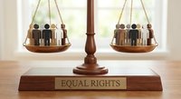 Wooden balance scale with diverse human figures representing equal rights and social justice concepts for legal and human rights themes.