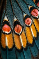 Macro close-up of vibrant butterfly wing showing intricate patterns with orange, coral, and teal colors. Natural texture and detailed scales create stunning organic design.