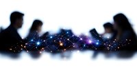 Silhouettes of diverse business people with glowing network connections and constellation effect creating digital transformation concept.