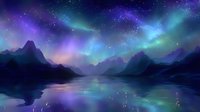 Mystical aurora borealis illuminates night sky over mountain lake, reflecting vibrant purple and turquoise colors in calm water surface with stars and nebula clouds.