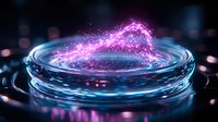 Magical glowing pink energy wave emerging from luminous blue liquid surface with sparkles and light effects against dark background. For fantasy designs.