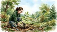 Young woman planting seedling in garden soil surrounded by lush green trees and foliage in watercolor illustration style for environmental conservation concepts.