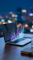 Laptop displaying colorful financial charts and graphs on screen with blurred city lights bokeh background for business analytics and data visualization.