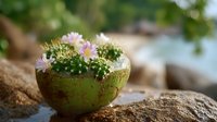 Blooming pink cactus flowers in rustic green coconut shell planter on natural stone surface with soft bokeh background, creative garden decoration.