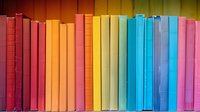 Colorful books arranged in rainbow spectrum order on bookshelf, spines creating vibrant gradient from red through orange, yellow, blue to pink. Educational and decorative concept.