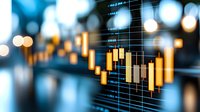 Financial market data visualization with glowing candlestick chart on digital screen against blurred city lights background.