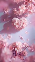 Delicate pink cherry blossoms frame heart-shaped decoration against soft purple background, creating romantic spring atmosphere for wedding and Valentine designs.