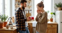 Young Caucasian couple sharing romantic morning moment in cozy kitchen, man offering coffee to smiling woman, domestic happiness and love concept.