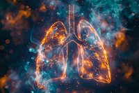 Glowing human lungs visualization with orange and blue cosmic nebula background, depicting respiratory system in artistic medical concept.