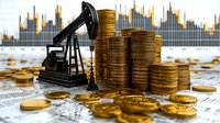 Oil pump jack next to stacks of golden coins against financial chart background, representing crude oil market prices and petroleum industry profits.