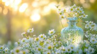 Daisy flowers in glass vase with golden sunlight bokeh background, perfect for spring and summer designs, home decor, and botanical themes.