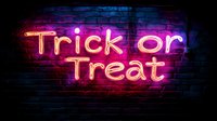 Glowing pink neon sign reading Trick or Treat mounted on dark brick wall background creates spooky Halloween atmosphere for seasonal decoration and party design.