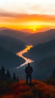 Silhouette of hiker standing on mountain peak overlooking winding river valley at golden sunrise with layered mountain ranges and warm orange sky.