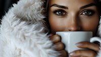 Young woman with dark eyes and flawless makeup holding white coffee cup close to face, wrapped in cozy faux fur blanket, creating intimate morning atmosphere.