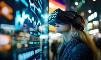 Young blonde woman wearing virtual reality headset interacting with financial data visualization and stock market charts in urban night setting with bokeh lights.