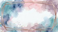 Watercolor abstract background with soft pastel tones, featuring blended blue, pink, and teal washes with gold frame border. Isolated on white, ready for design use.