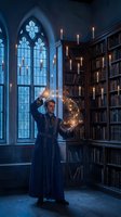 Young wizard casting magical spell with glowing sparks in gothic library with arched windows and floating candles at twilight.