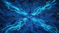 Digital circuit board with glowing blue neon pathways intersecting at center, representing data flow, network connectivity, and technology infrastructure for computing and digital transformation concepts.