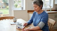 Mature Caucasian woman measuring blood pressure at home using digital monitor in bright kitchen setting for health monitoring and wellness care.