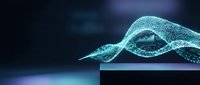 Glowing turquoise digital wave mesh flowing across dark surface, representing data stream, technology innovation, and futuristic network connectivity for tech presentations.