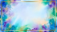 Vibrant watercolor paint splashes in rainbow hues create an abstract border frame with bright center space, suitable for backgrounds, presentations, and creative design projects.