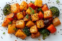 Roasted butternut squash cubes and broccoli florets seasoned with herbs, black sesame seeds and spices on white plate, healthy vegetarian meal.