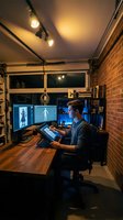 Young male game developer working on character design in modern industrial home office with brick walls and warm track lighting at night.