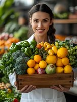 Young Hispanic woman holding wooden crate filled with fresh organic fruits and vegetables in grocery store or farmers market for healthy eating lifestyle.