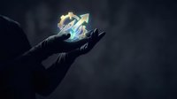 Gloved hand holding glowing holographic growth arrow symbol with upward trend, representing business success, financial progress and digital innovation concept.