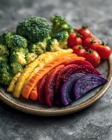 Fresh rainbow vegetables arranged on ceramic plate with broccoli, carrots, beets, and cherry tomatoes. Healthy eating concept for nutrition blogs.