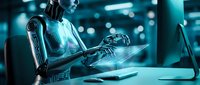 Futuristic humanoid robot working at computer desk in modern office environment with glowing blue lighting and advanced technology interface.