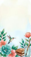 Watercolor floral border with hummingbird, books, paintbrush in jar, pink and teal flowers, copy space for text or greeting card design.