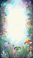Whimsical mushroom and botanical frame with watercolor splashes, ornamental foliage, and magical stars on white background. Isolated clipart design for invitations, posters, and creative projects.