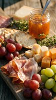 Gourmet charcuterie board with artisan cheeses, cured meats, fresh grapes, crackers and honey jar on rustic wooden surface for entertaining and appetizers.