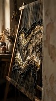 Woven wall hanging with textured black and gold threads creating abstract landscape patterns, displayed on wooden frame in rustic interior with dried botanicals and neutral decor.