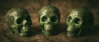 Three ornate green skulls with intricate gold detailing arranged on earthy ground, suitable for gothic, mystical, and Halloween-themed designs.