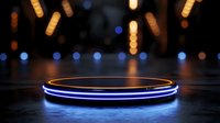 Glowing neon circle platform with blue light reflection on dark surface against blurred bokeh background creates futuristic product display space.