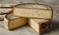 Artisanal cheese wheel cut into wedges showing creamy interior texture and natural rind, photographed on rustic surface. Perfect for food and culinary content.