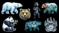 Watercolor bear collection isolated on transparent background, featuring polar, grizzly, black, panda bears, mountain silhouette bear, and paw print for stickers, clipart, t-shirt design.