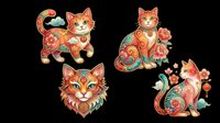 Ornate Chinese folk art cats with floral swirl patterns, isolated on transparent background. Great for stickers, t-shirt design, print on demand, and sublimation crafts.