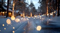 Snowy winter evening street with warm glowing lights and bokeh effects creating magical atmosphere for holiday seasonal designs and festive backgrounds.